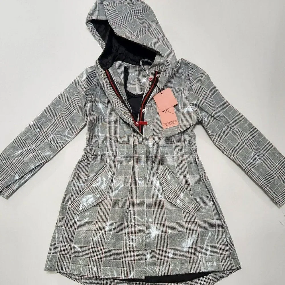 NEW Urban Republic - Size L (6X) - Girls Gray Plaid Zip Button‎ Hooded Raincoat
